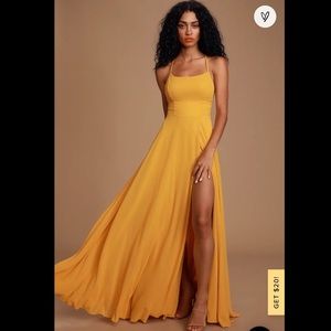 Lulu’s Dreamy Romance Mustard Yellow Backless Dress, size medium (6/8)